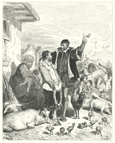 Don Quijote de Gustave Doré: "El caballero le hizo tantas promesas que al final el pobre tonto aceptó ir con él y convertirse en su escudero" de Gustave Dore