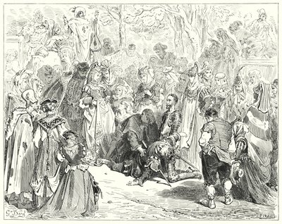 Don Quijote de Gustave Doré: "La pobre virgen, temblando y asustada sin decir una palabra, se acercó al pobre Basilio" (grabado) de Gustave Dore