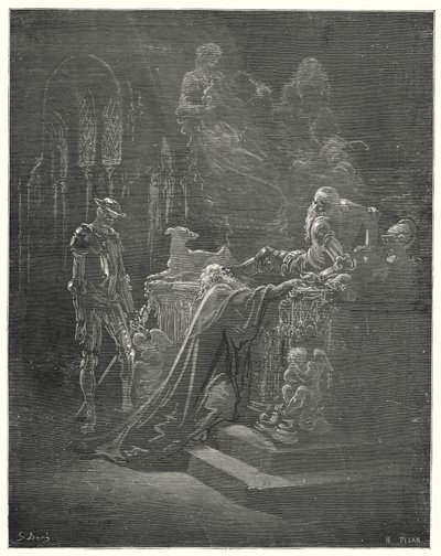 Don Quijote de Gustave Doré: "El venerable Montesinos se arrodilló ante el afligido caballero" de Gustave Dore