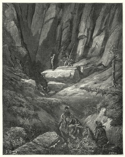Don Quijote de Gustave Doré: "Siguieron adelante por unas tres cuartas partes de una legua, y luego entre las rocas divisaron a Don Quijote, que para entonces ya se había puesto la ropa, aunque no la armadura" de Gustave Dore