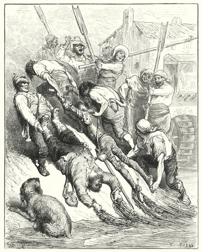 Don Quijote de Gustave Doré: "Ambos fueron arrastrados a la orilla, más empapados que sedientos" (grabado) de Gustave Dore