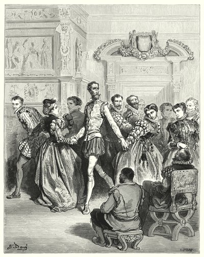 Don Quijote de Gustave Doré: "Dos damas hicieron su corte principalmente a Don Quijote" (grabado) de Gustave Dore
