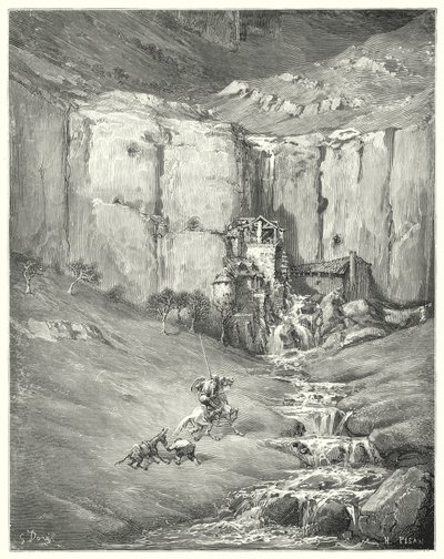 Don Quijote de Gustave Doré: "Cuando se acercaron, incluso el paciente Rocinante se sobresaltó ante el terrible sonido" (grabado) de Gustave Dore