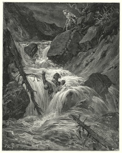 Don Quijote de Gustave Doré: "Con la poca fuerza que tenía lo empujé por un precipicio, donde lo dejé" (grabado) de Gustave Dore