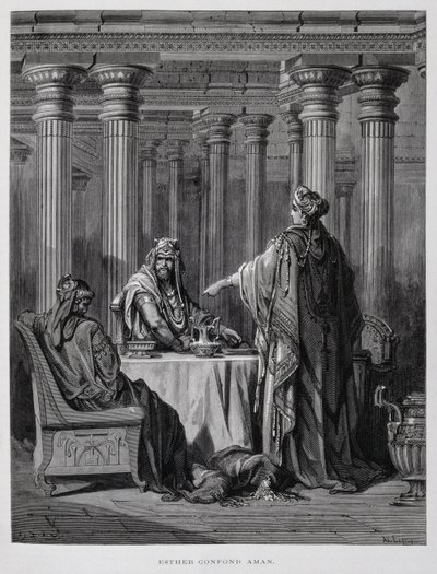Amán denunciado por la reina Ester, Ilustración de la Biblia de Dore de Gustave Dore