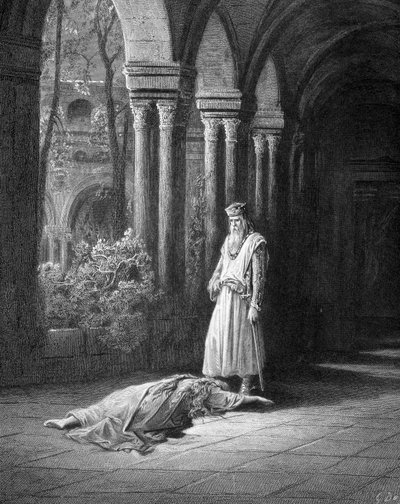 Él se detuvo: la Reina se arrastró un poco hacia él, puso sus manos alrededor de los pies de su esposo (Junièvre y el Rey Arturo) - en “Juniper” por Alfred Tennyson, il. por Gustave Doré París, Librairie Hachette et Cie de Gustave Dore