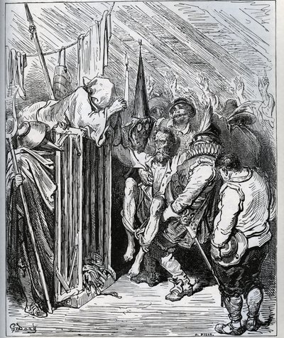 Cómo deshacerse de Don Quijote. La gente del hotel decidió encerrarlo haciéndole creer en un nuevo encantamiento y una nueva prueba caballeresca - de “Don Quijote de la Mancha” por Miguel de Cervantes (1547-1616) - Grabado en madera después de un dibujo de de Gustave Dore