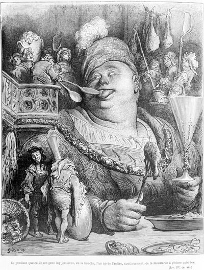 Sin embargo, cuatro de sus hombres le echaron mostaza en la boca, uno tras otro, continuamente, a paladas llenas. Extracto de Gargantúa de François Rabelais (1483-1553), grabado por Gustave Doré (1832-1883) de Gustave Dore