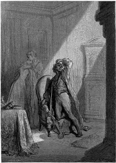 Ilustración de Gustave Dore (1832-1883) para el cuento "El cuervo" de Edgar Allan Poe. Esta serie fue terminada por Dore en 1883, el año de su muerte, y es por tanto una de sus obras más recientes. de Gustave Dore