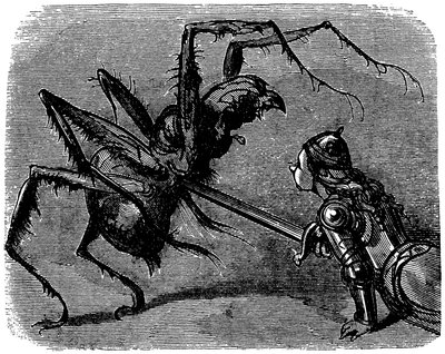Ilustración de Gustave Dore (1832-1883) para el libro de Ernest Lepine "La legende de Croquemitaine" (1863) - Ante esta imagen de lucha con la espada contra un gigantesco araignee, uno no puede evitar pensar en la batalla de Frodo y Aragne en Tolkien