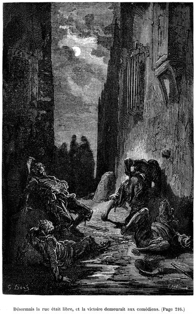 Ilustración de Gustave Dore para la novela de Theophile Gautier "Le Capitaine Fracasse" - Edición Charpentier 1883, prácticamente idéntica a la primera edición ilustrada por G. Dore en la misma editorial en 1866. Capítulo "Espada, bateo y otras aventuras de Gustave Dore