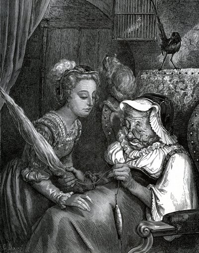Ilustración de Gustave Dore para un cuento de Charles Perrault: La Bella Durmiente. La princesa va a picarse en la cola de gato de una vieja que huye en el huso. de Gustave Dore