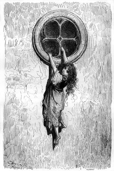Ilustración de Gustave Dore para la novela "Le Capitaine Fracasse" de Theophile Gautier (1811-1872). Ágil como un gato y delgada como una serpiente, la joven Chiquita atraviesa una ventana para reunirse con Isabelle prisionera. de Gustave Dore