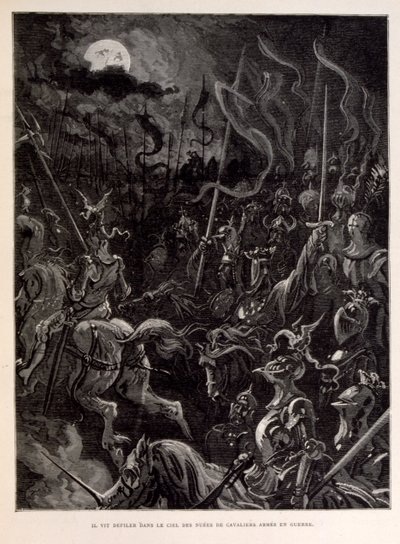 Ilustración de Caballeros en batalla durante un atardecer iluminado por la luna. de Gustave Dore