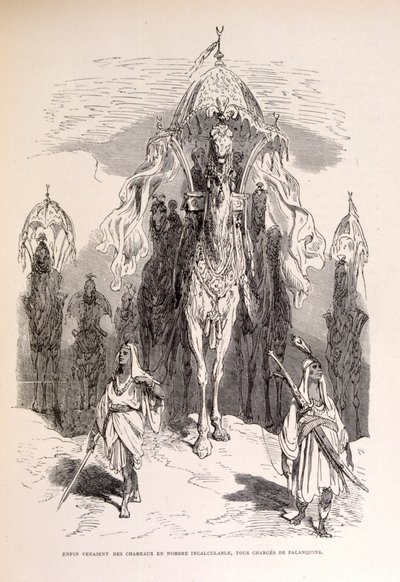 Ilustración de un tren de camellos orientales con sirvientes y carruaje. de Gustave Dore