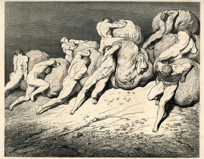 En el cuarto círculo del Infierno, que preside Plutón (Hades), los Avares y los Prodigios transportan y hacen rodar pesadas cargas (rocas), chocando con la cólera. Grabado de El Infierno de Dante Alighieri (la Divina Comedia) ilustrado por Gustave Dore. Fr de Gustave Dore
