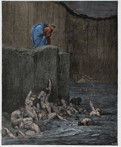 Infierno, Canto 18: Amantes y aduladores en el octavo círculo, ilustración de "La Divina Comedia" por Dante Alighieri, 1885 de Gustave Dore