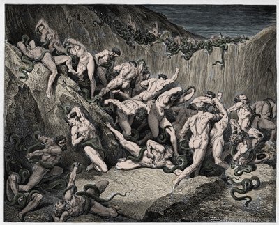 Infierno, Canto 24: Los ladrones atormentados por serpientes, ilustración de "La Divina Comedia" por Dante Alighieri, 1885 de Gustave Dore