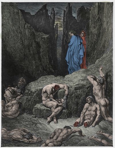 Infierno, Canto 29: Virgilio reprende la curiosidad de Dante, ilustración de "La Divina Comedia" por Dante Alighieri, 1885 de Gustave Dore