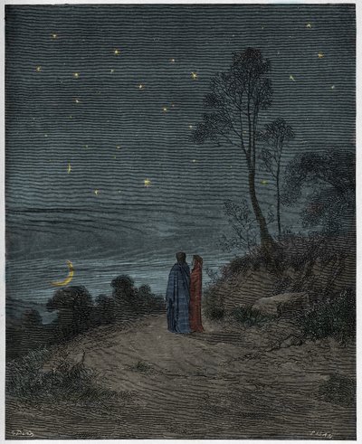 Infierno, Canto 2: El cielo oscureciéndose en la primera noche, ilustración de "La Divina Comedia" por Dante Alighieri, 1885 de Gustave Dore