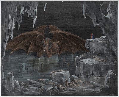 Infierno, Canto 34: Lucifer, rey del Infierno, congelado en el hielo, ilustración de "La Divina Comedia" de Dante Alighieri, 1885 de Gustave Dore