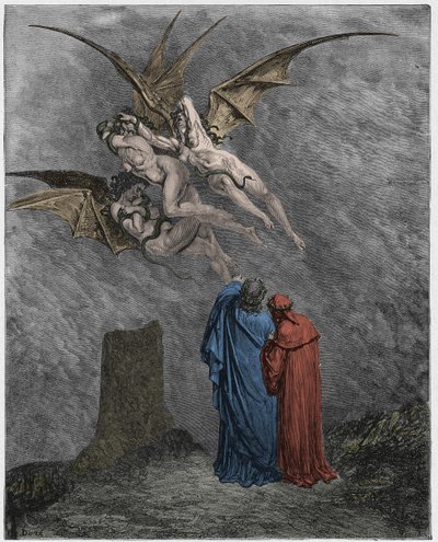 Infierno, Canto 9: Las horribles Erinias: Megaera, Tisífone, Alecto de Gustave Dore