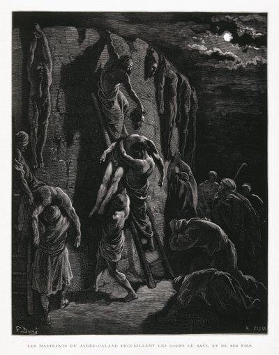 Los jabes galaaditas recuperan los cuerpos de Saúl y sus hijos, ilustración de la Biblia de Dore de Gustave Dore