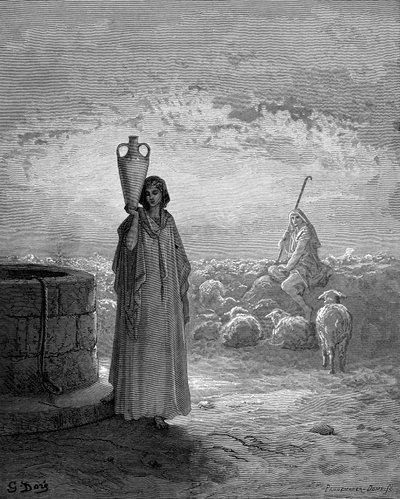 Jacob, cuidando los rebaños de Labán, ve a Raquel en el pozo, 1866 de Gustave Dore