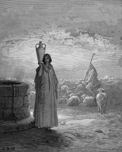 Jacob, guardando los rebaños de Labán, ve a Raquel en el pozo. Génesis 29. De la Biblia ilustrada de Gustave Dore 1866. Grabado en madera de Gustave Dore