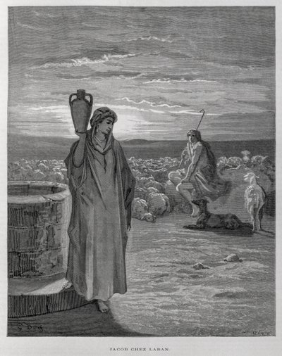 Jacob ve a Raquel en el pozo de la casa de Labán, Ilustración de la Biblia de Dore de Gustave Dore