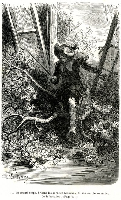 Jacquemin Lampourde, con el arma en la mano, llegó a un punto de la batalla. Grabado de Gustave Dore que ilustra la novela picaresca de capa y espada de Theophile Gautier "Le capitaine Fracasse", edición Charpentier 1863. de Gustave Dore