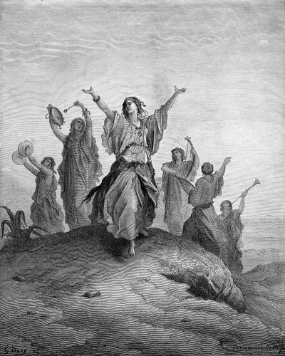 La hija de Jefté, Ifigenia, bailando hacia él - Biblia de Gustave Dore