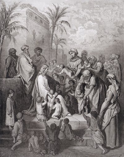 Jesús Bendiciendo a los Niños, grabado por Stéphane Pannemaker c.1868 de Gustave Dore