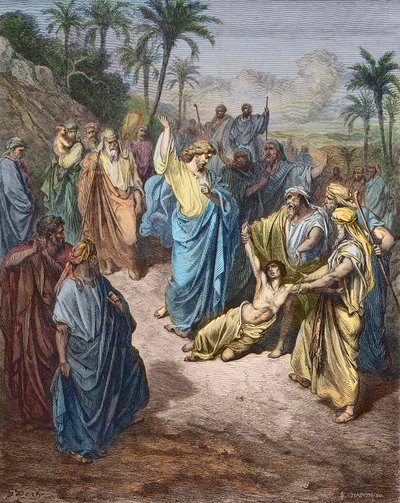 Jesucristo curando a un joven poseído por el demonio - Jesús sanando al lunático - Grabado en color después de Gustave Doré de Gustave Dore
