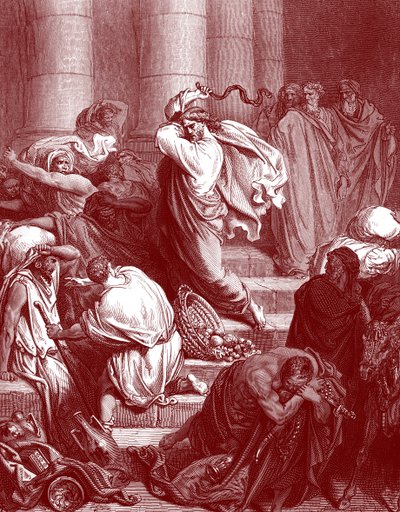 Jesús en el templo, grabado por Doré - Biblia de Gustave Dore