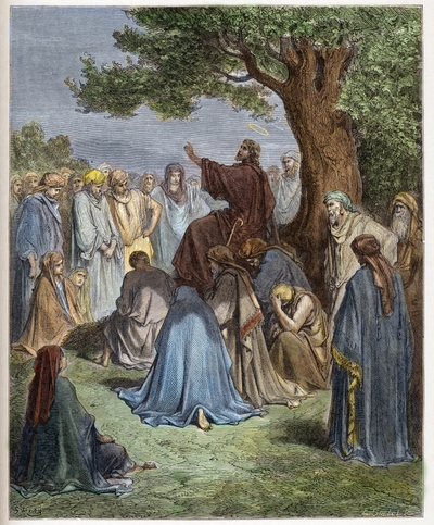Jesús predica a la multitud - grabado en “La Biblia ilustrada” de Gustave Doré (1832-1883) - Grabado de “La Biblia de Doré” de Gustave Dore