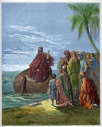 Jesús predicando en el Lago de Genesaret (Lago Tiberíades) - grabado en “La Biblia ilustrada” por Gustave Doré (1832-1883) - Grabado de “La Biblia de Doré” de Gustave Dore