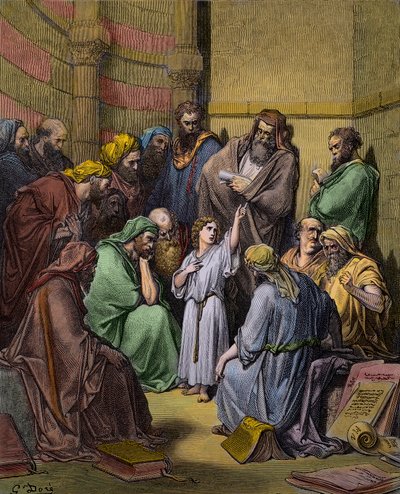 Jesús con los doctores en el templo - Jesús en el templo entre los doctores - grabado por Gustave Doré (1832-1883) - coloreado posteriormente de Gustave Dore