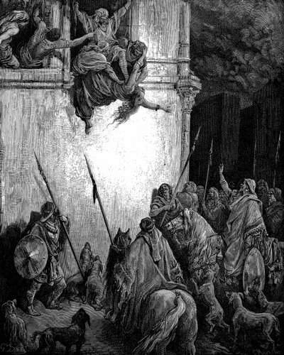 Jezabel, princesa fenicia y esposa del rey Ajab de Israel es arrojada por la ventana por orden de Jehú, y su cuerpo es devorado por los perros. 2 Reyes 9.33. De la Biblia ilustrada de Gustave Dore 1866 Grabado en madera de Gustave Dore