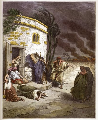 Job oyendo de su ruina - Job aprendiendo de su ruina - grabado en “The Bible illustree” por Gustave Dore (1832-1883) - Grabado de “The Dore Bible” de Gustave Dore