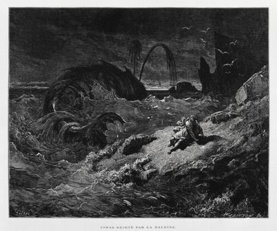 Jonás expulsado a tierra firme por la ballena, Ilustración de la Biblia de Dore de Gustave Dore