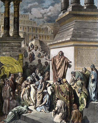 Jonás insta a los ninivitas a la penitencia - ilustración de 