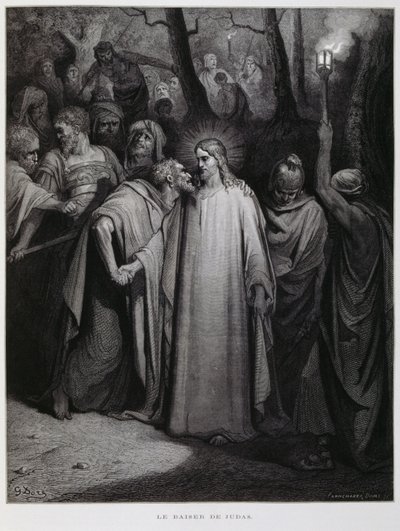 Judas traiciona a Jesús con un beso; Ilustración de la Biblia de Dore de Gustave Dore