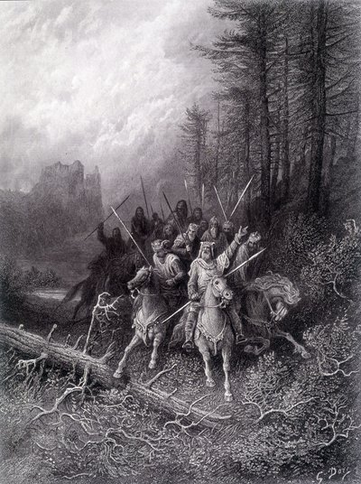 El rey Arturo en el bosque de Broceliande (Ciclo de los Caballeros de la Mesa Redonda) - en "Viviane" de Alfred Tennyson, ilustración de G. Doré de Gustave Dore