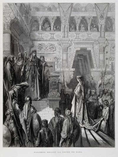 El rey Salomón recibe a la reina de Saba, Ilustración de la Biblia de Dore de Gustave Dore