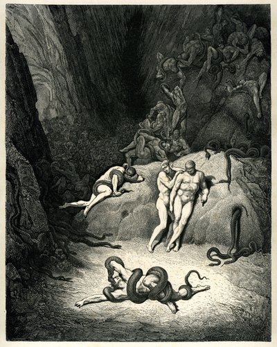 El Infierno (La divina commedia) de Dante Alighieri ilustrado por Gustave Dore. Edición Hachette 1861. Traducción francesa de Pier-Angelo Fiorentino. Gli altri duo riguardavano, e ciascuno - Gridava: ¡Oh yo, Anel, come ti muti! (Los otros dos le miraron y  de Gustave Dore
