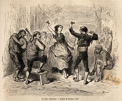 La jota aragonesa, coro y baile de pareja de Aragón, practicado durante todas las festividades populares y religiosas, letras sobre el tema del amor, a veces grotescas o triviales, estas canciones populares se repiten mediante pliegos, pequeños suplementos de Gustave Dore