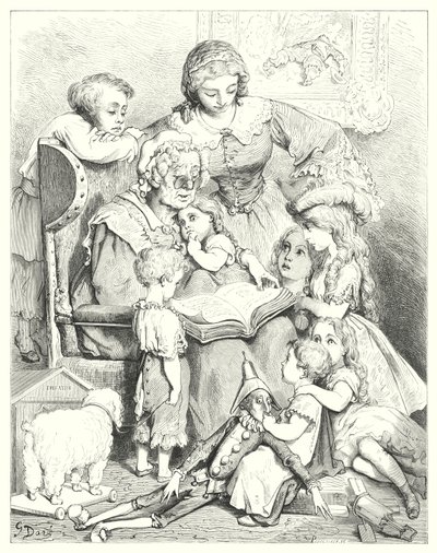 La lectura de cuentos en familia (grabado) de Gustave Dore