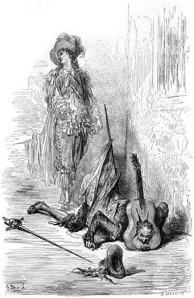 Leandre acaba de romper una guitarra en la cabeza de Matamore, ilustración para "Capitán Fracass" de Gustave Dore