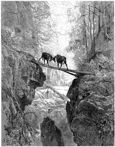 Les deux chevres: fábula de Jean de la Fontaine ilustrada por Gustave Dore - bosque, arroyo, arroyo - de Gustave Dore